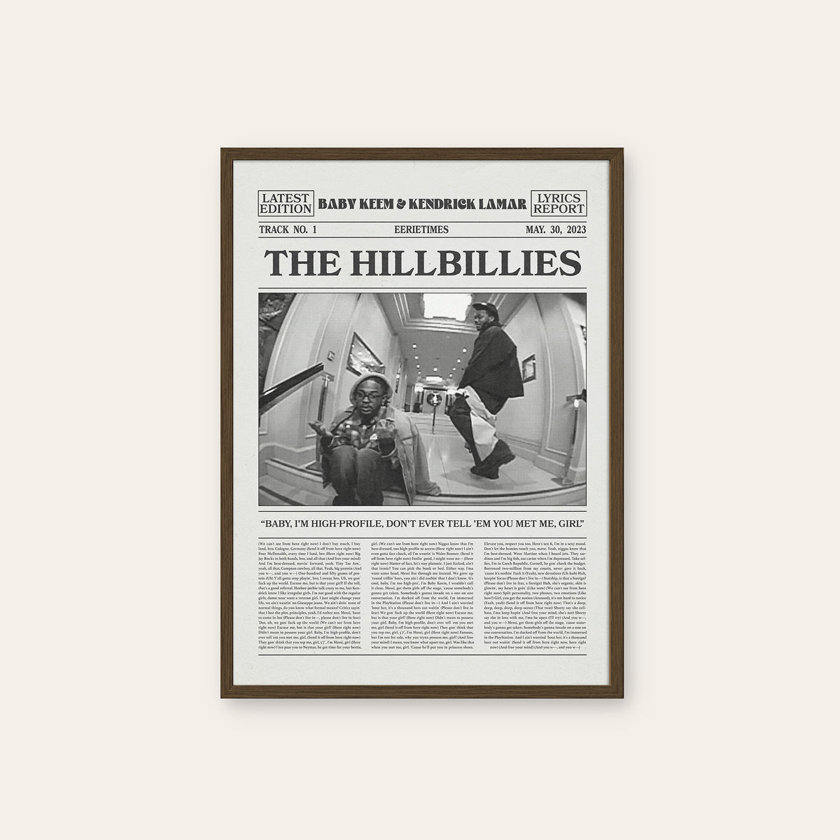 Baby Keem & Kendrick Lamar The Hillbillies newspaper poster — dark wood frame