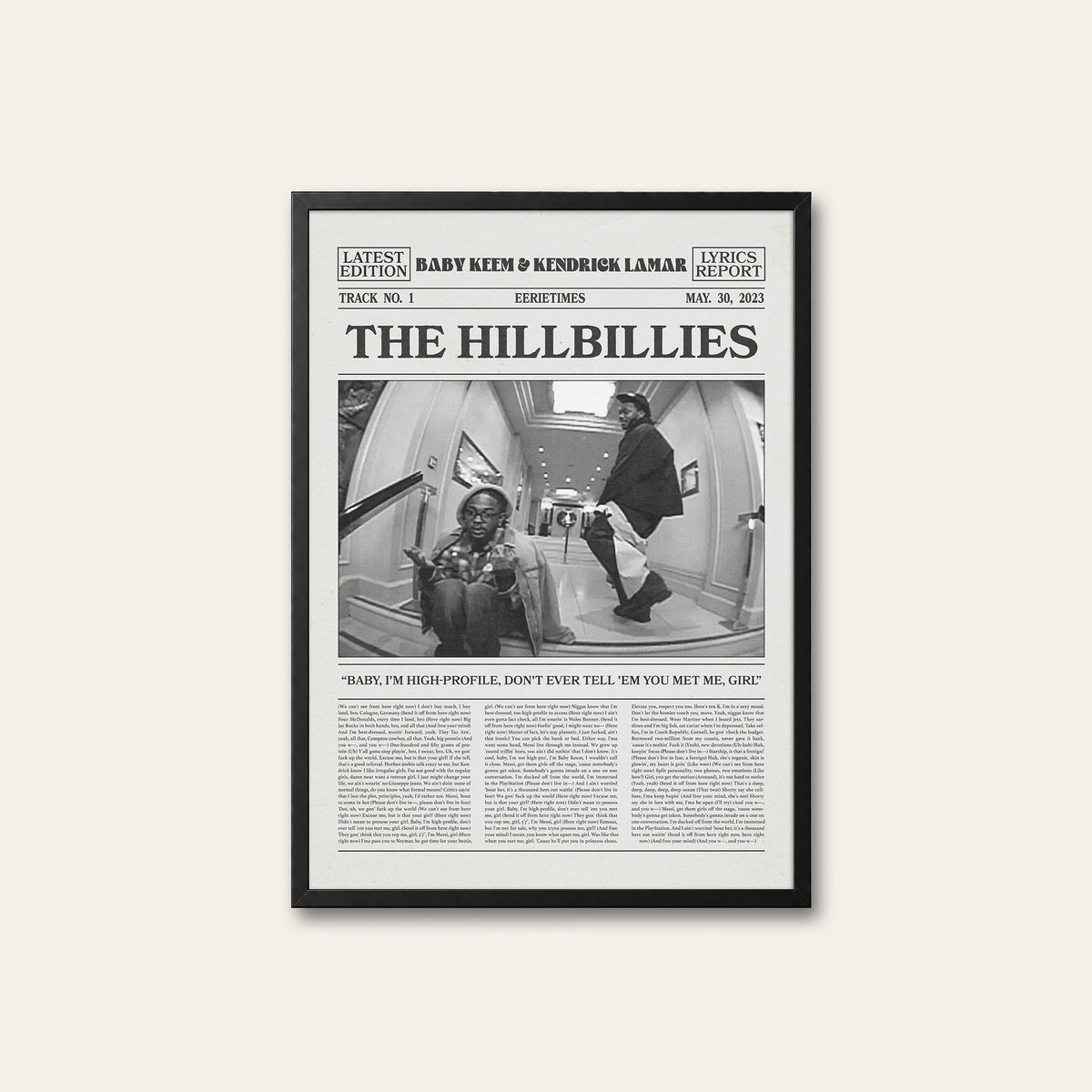 Baby Keem & Kendrick Lamar The Hillbillies newspaper poster — black frame