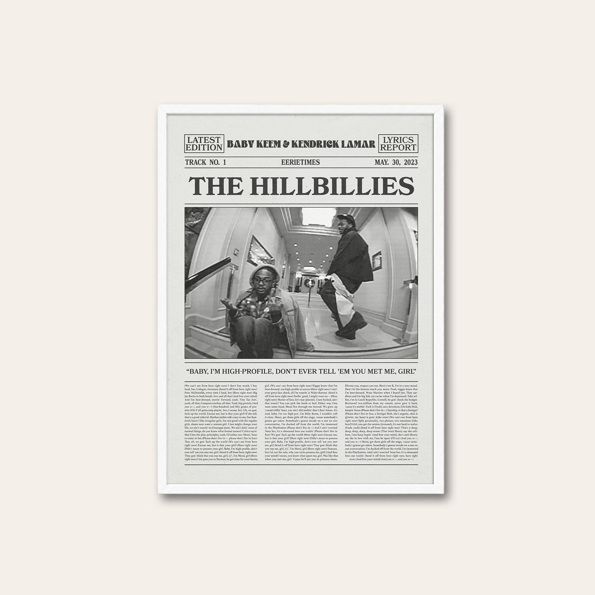 Baby Keem & Kendrick Lamar The Hillbillies newspaper poster — white frame