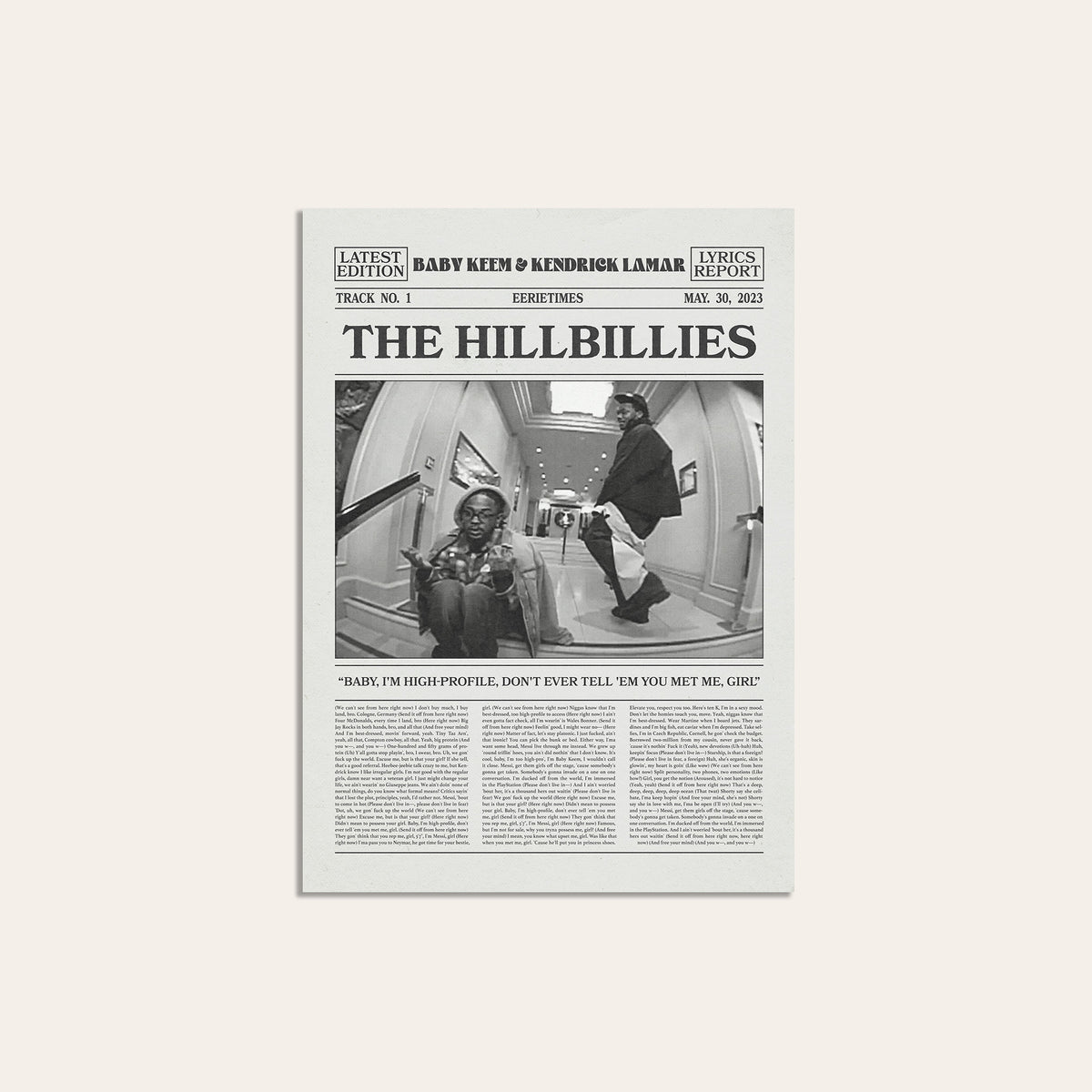 Baby Keem & Kendrick Lamar The Hillbillies newspaper poster — unframed print