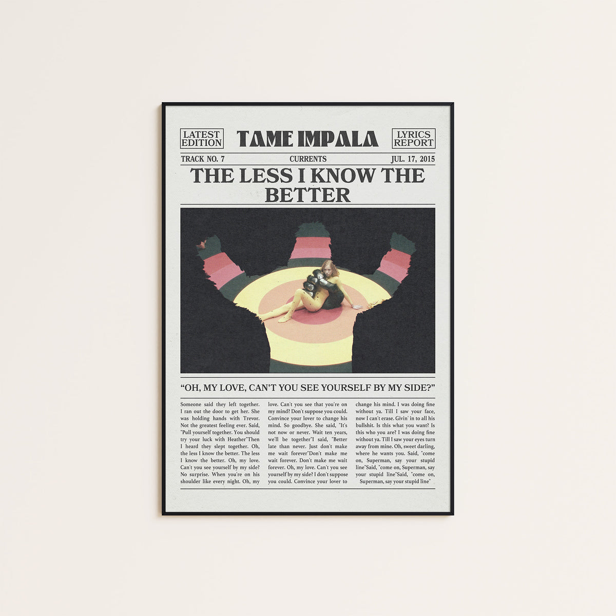 Tame Impala The Less I Know the Better Color Overhead Scene newspaper poster — black frame display