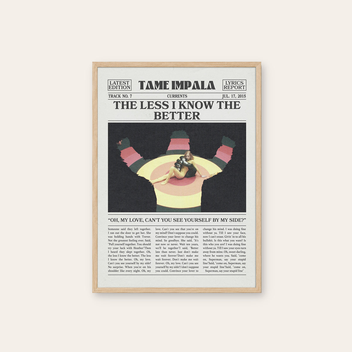 Tame Impala The Less I Know the Better Color Overhead Scene newspaper poster — natural wood frame