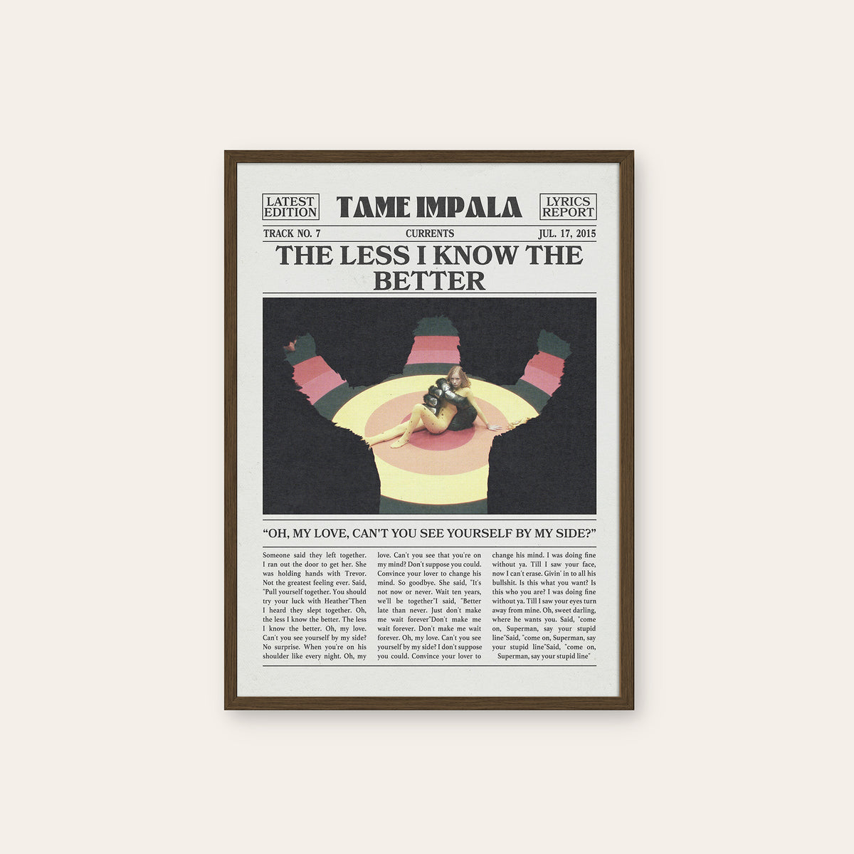 Tame Impala The Less I Know the Better Color Overhead Scene newspaper poster — dark wood frame