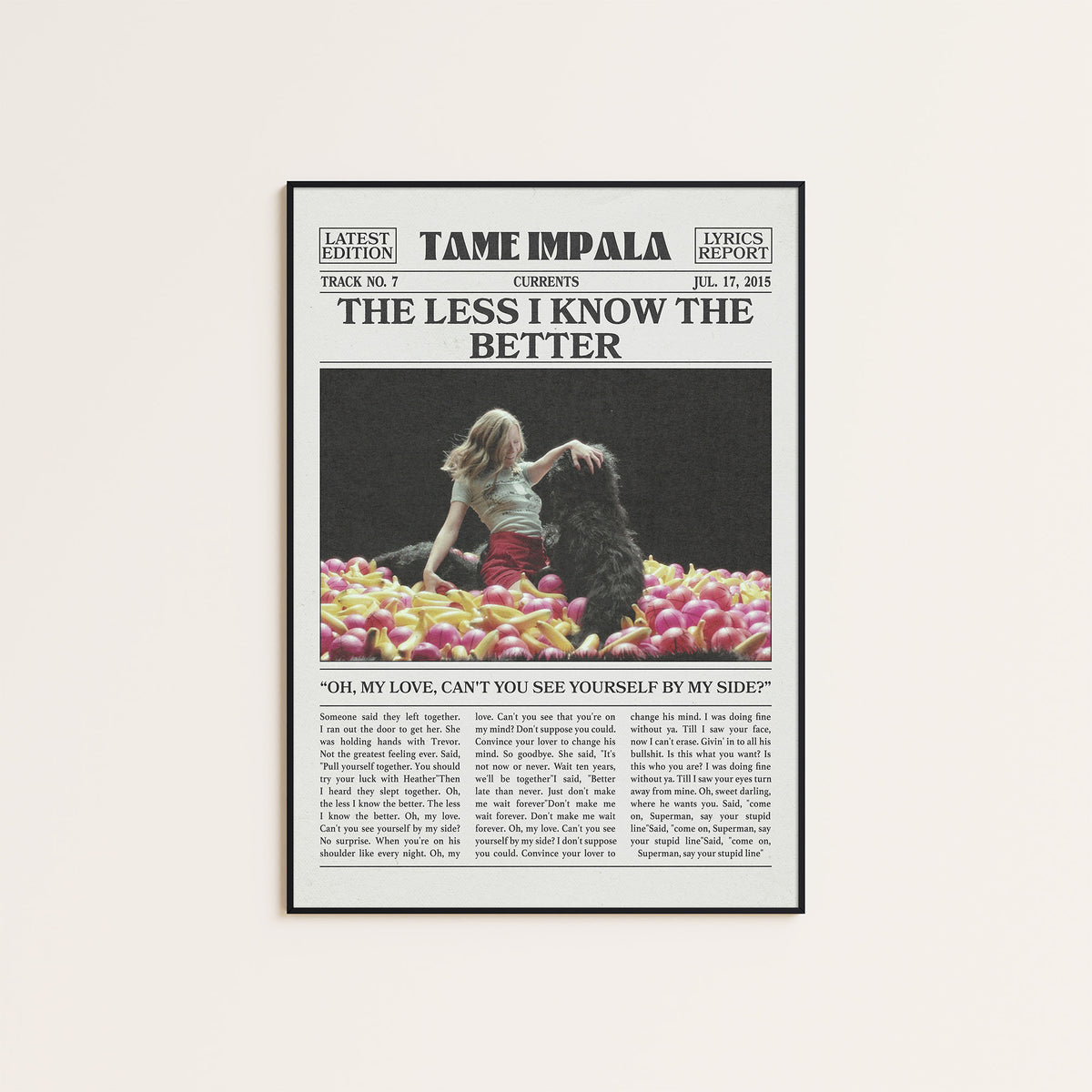 Tame Impala The Less I Know the Better Color Ball Pit newspaper poster — black frame display