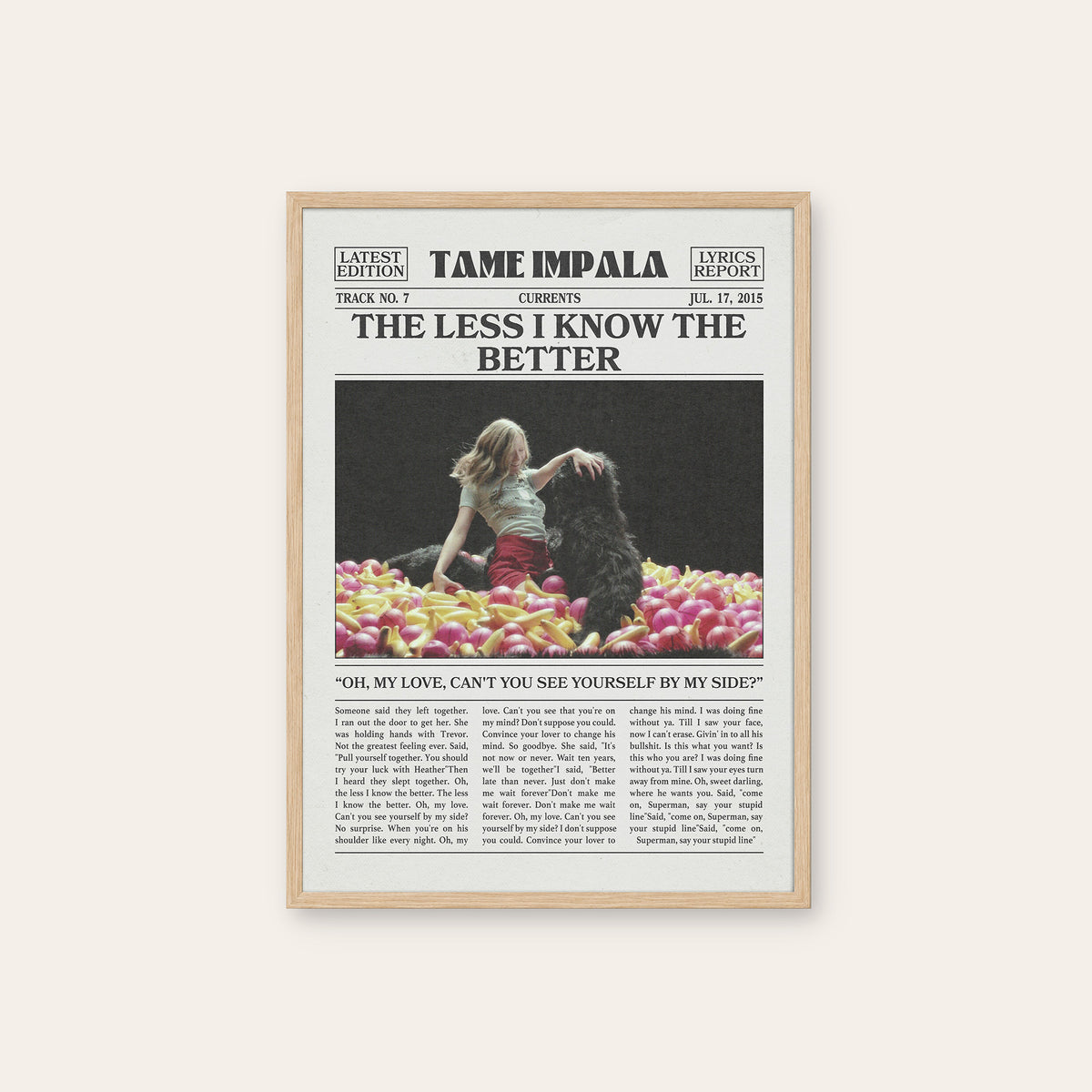 Tame Impala The Less I Know the Better Color Ball Pit newspaper poster — natural wood frame