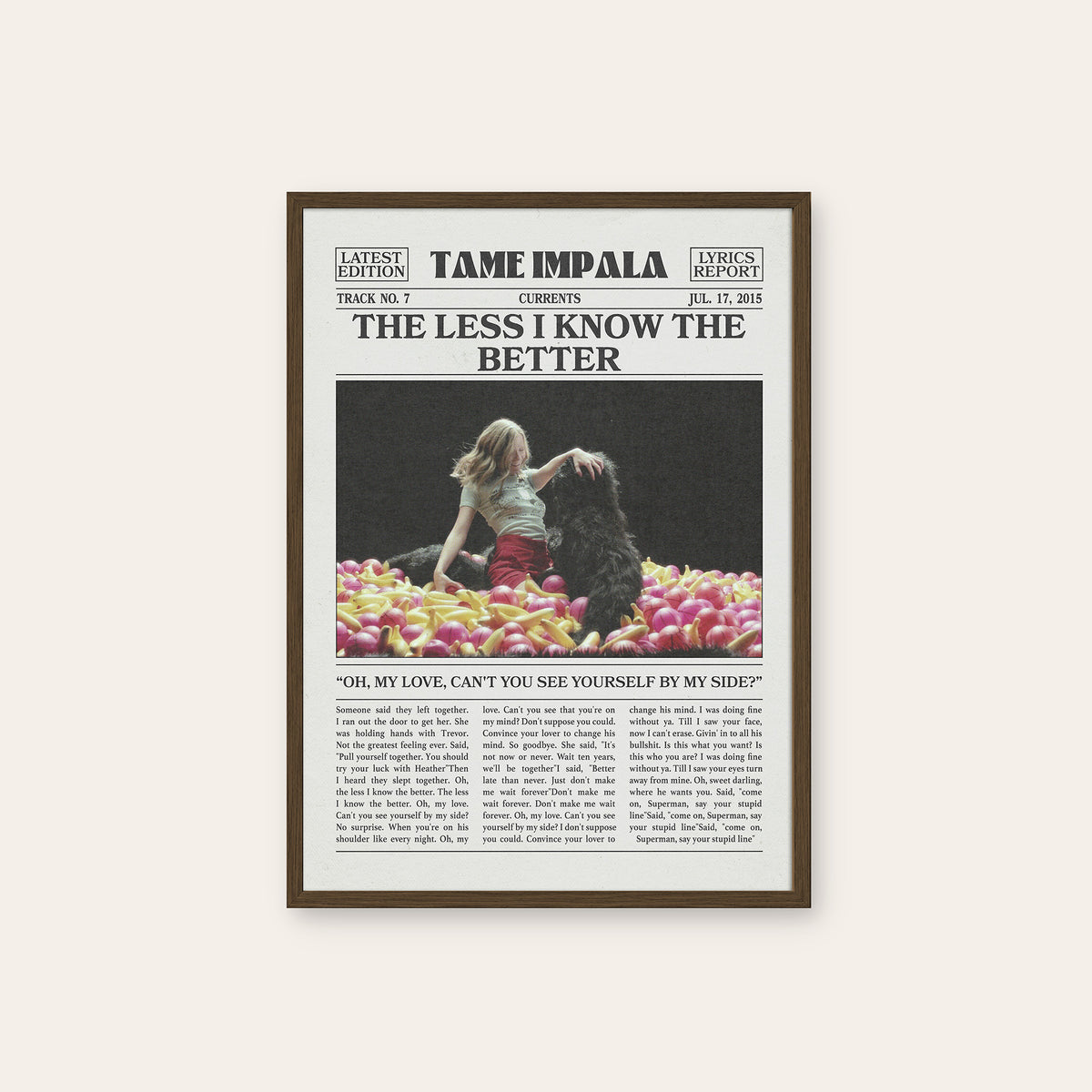 Tame Impala The Less I Know the Better Color Ball Pit newspaper poster — dark wood frame