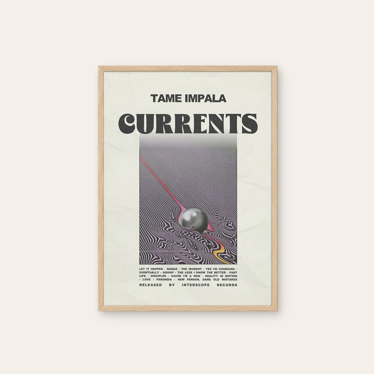 Tame Impala Currents Minimal Album Edition album poster — natural wood frame