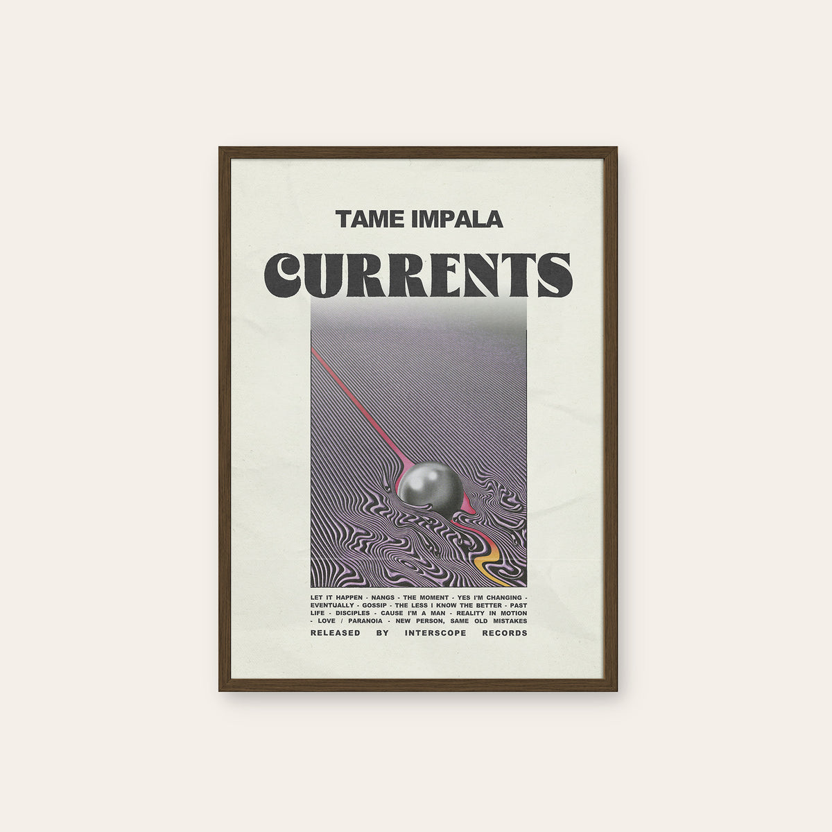 Tame Impala Currents Minimal Album Edition album poster — dark wood frame