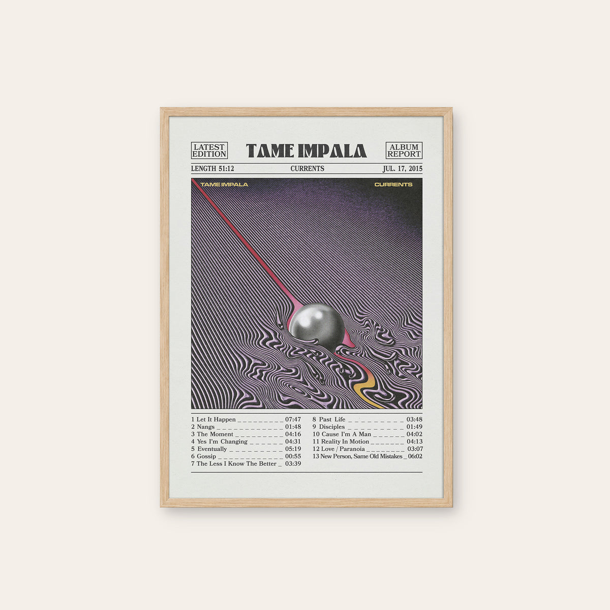 Tame Impala Currents Album Report album poster — natural wood frame