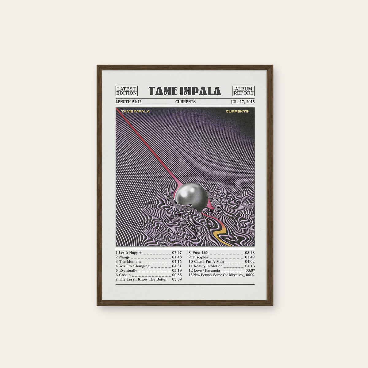 Tame Impala Currents Album Report album poster — dark wood frame