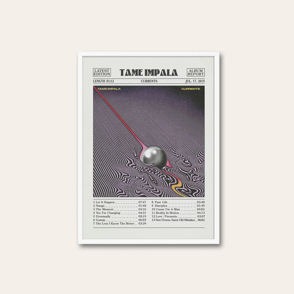 Tame Impala Currents Album Report album poster — white frame