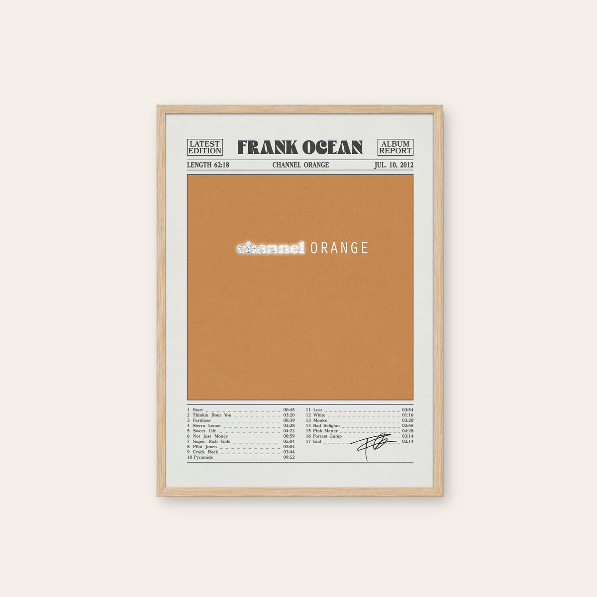 Frank Ocean Channel Orange Album Report album poster — natural wood frame