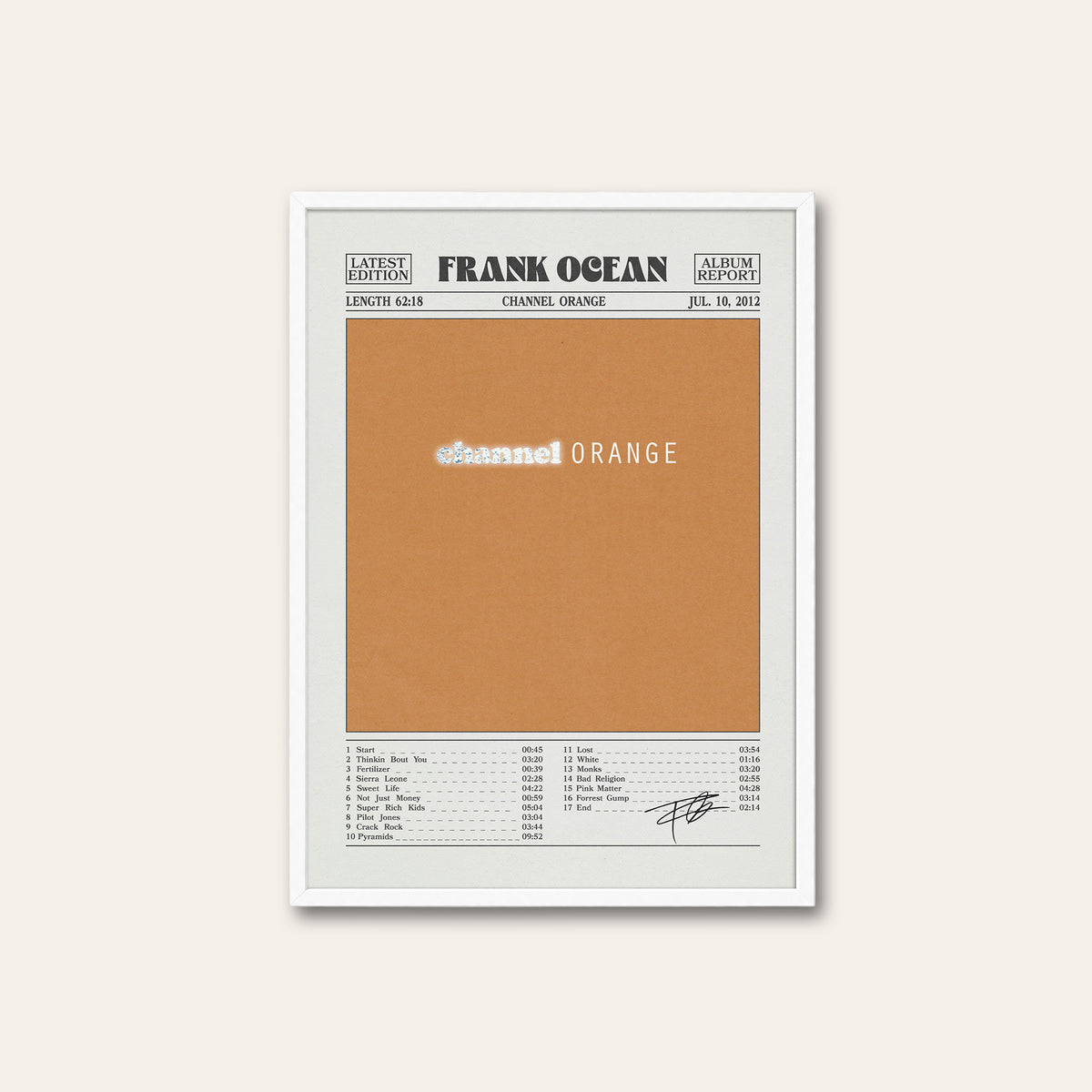 Frank Ocean Channel Orange Album Report album poster — white frame