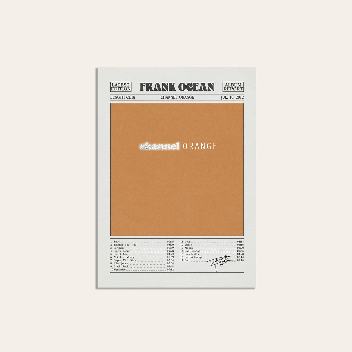Frank Ocean Channel Orange Album Report album poster — unframed print