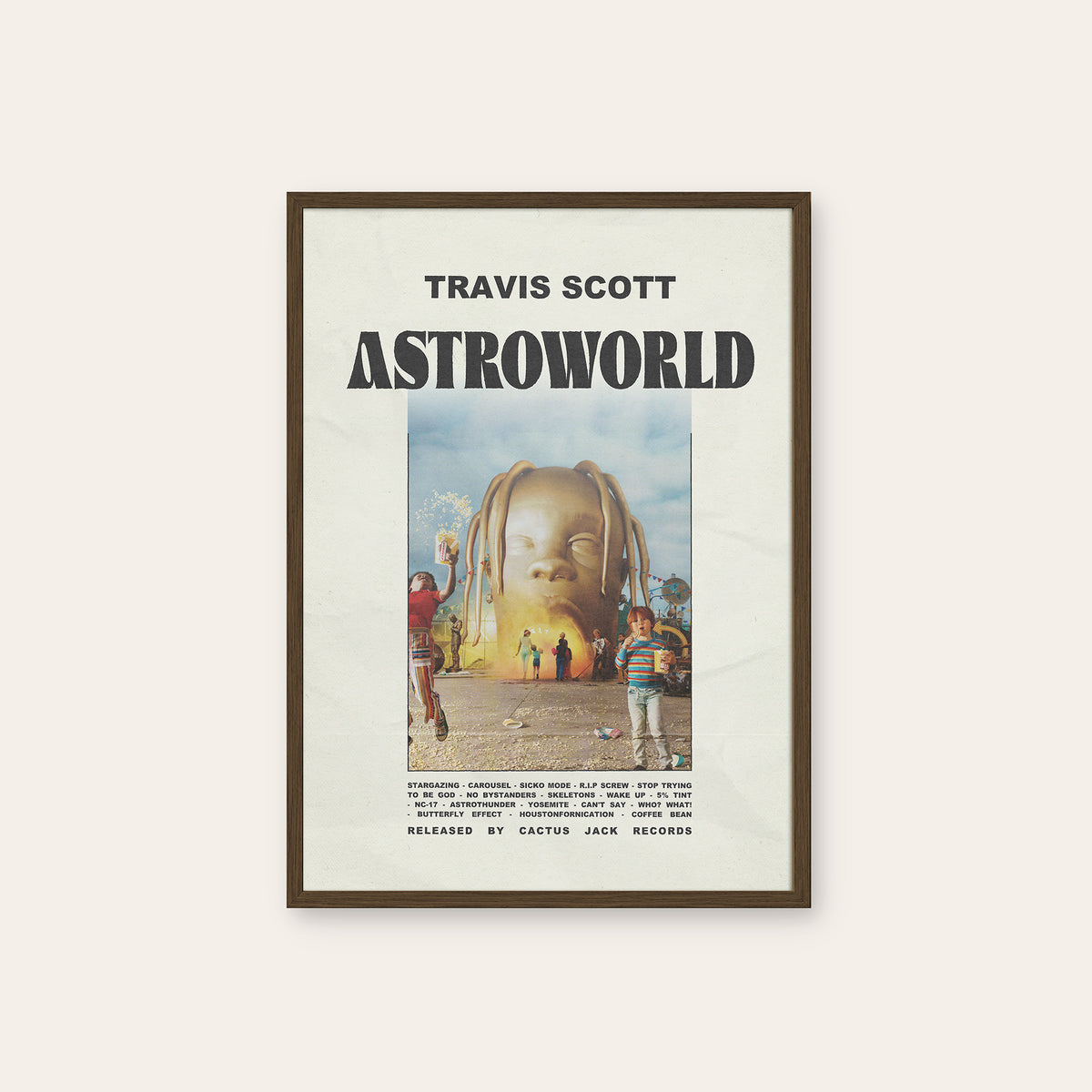 Travis Scott Astroworld newspaper poster — dark wood frame