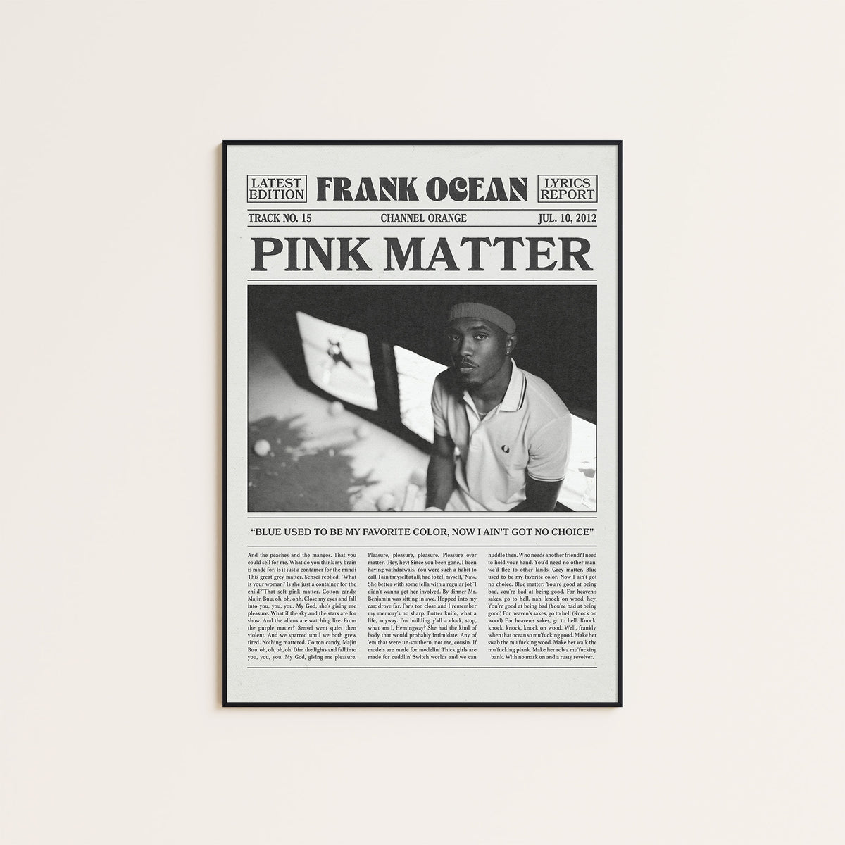 Frank Ocean Pink Matter newspaper poster — black frame display