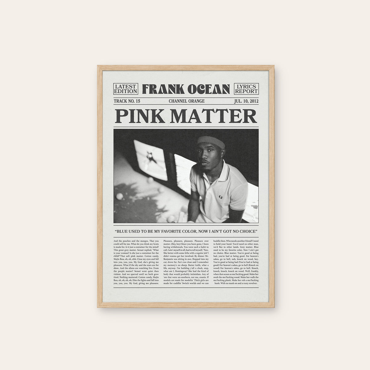 Frank Ocean Pink Matter newspaper poster — natural wood frame