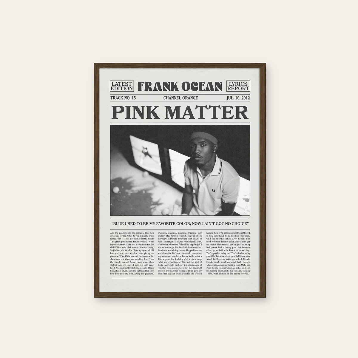 Frank Ocean Pink Matter newspaper poster — dark wood frame