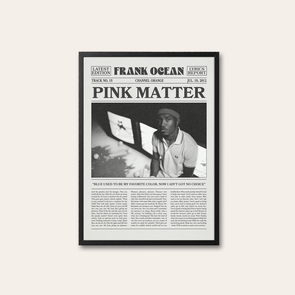Frank Ocean Pink Matter newspaper poster — black frame