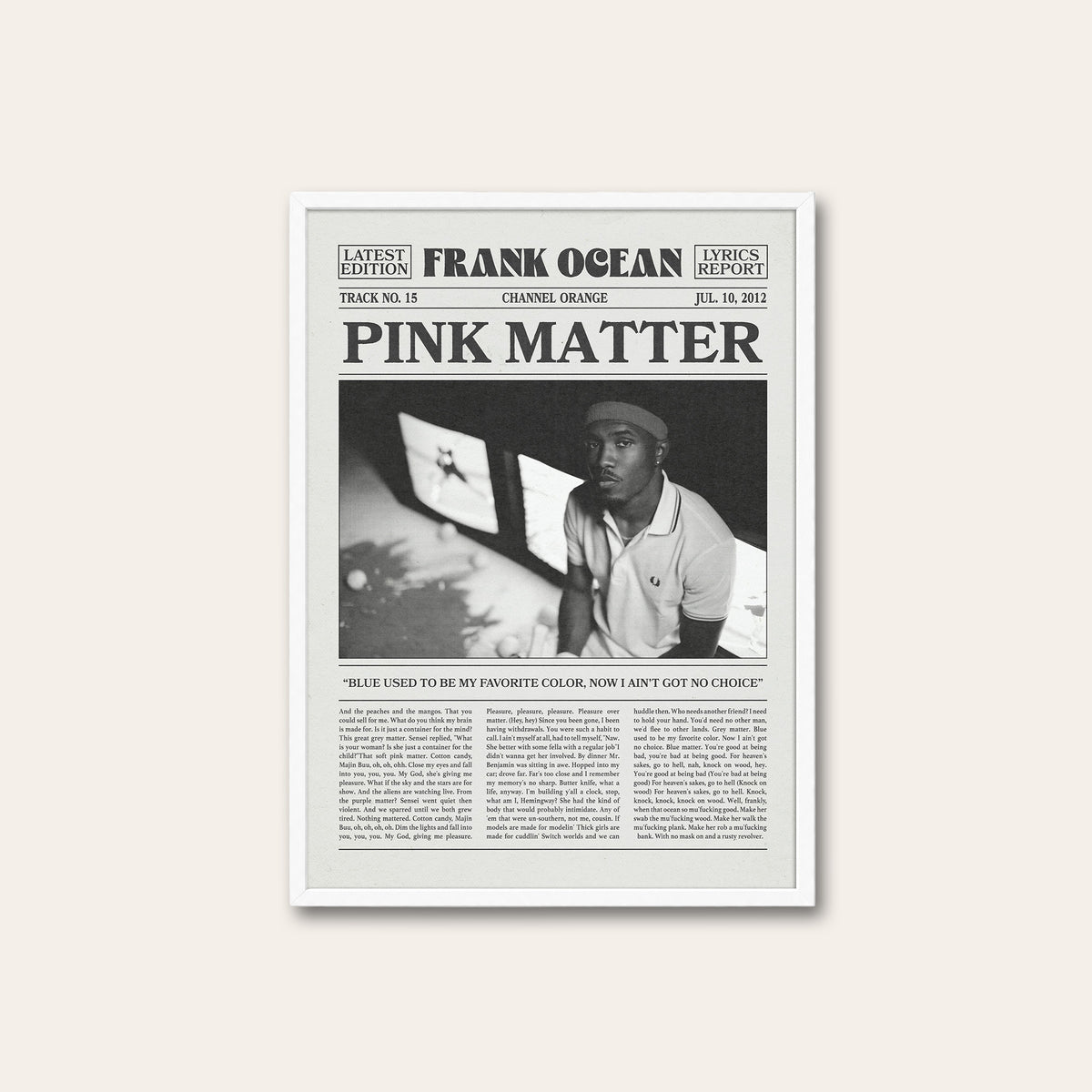 Frank Ocean Pink Matter newspaper poster — white frame