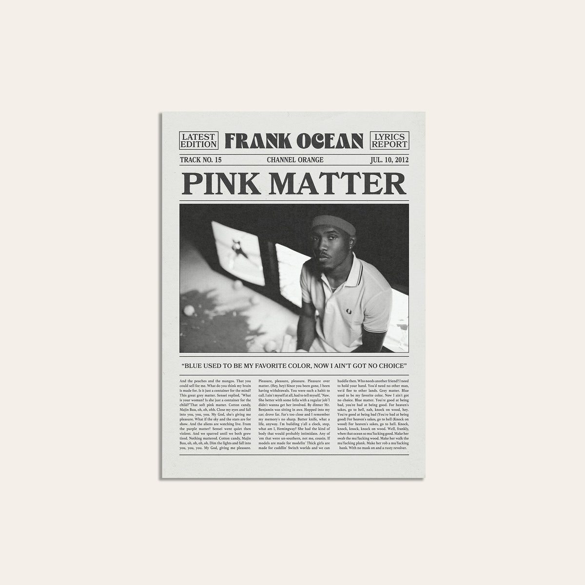 Frank Ocean Pink Matter newspaper poster — unframed print