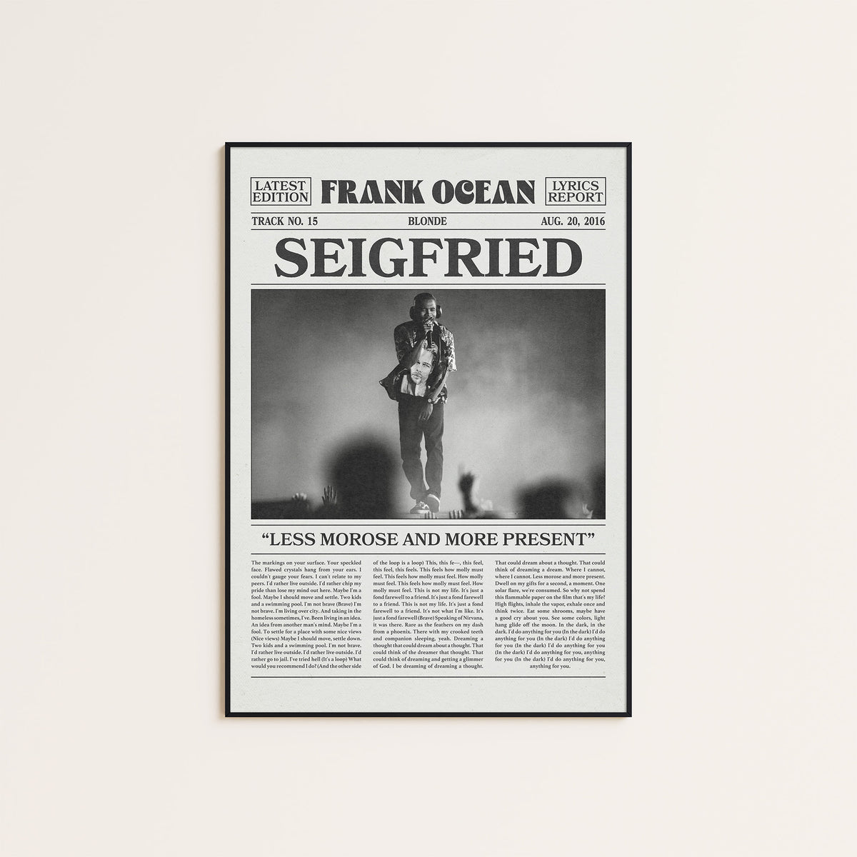 Frank Ocean Seigfried newspaper poster — black frame display