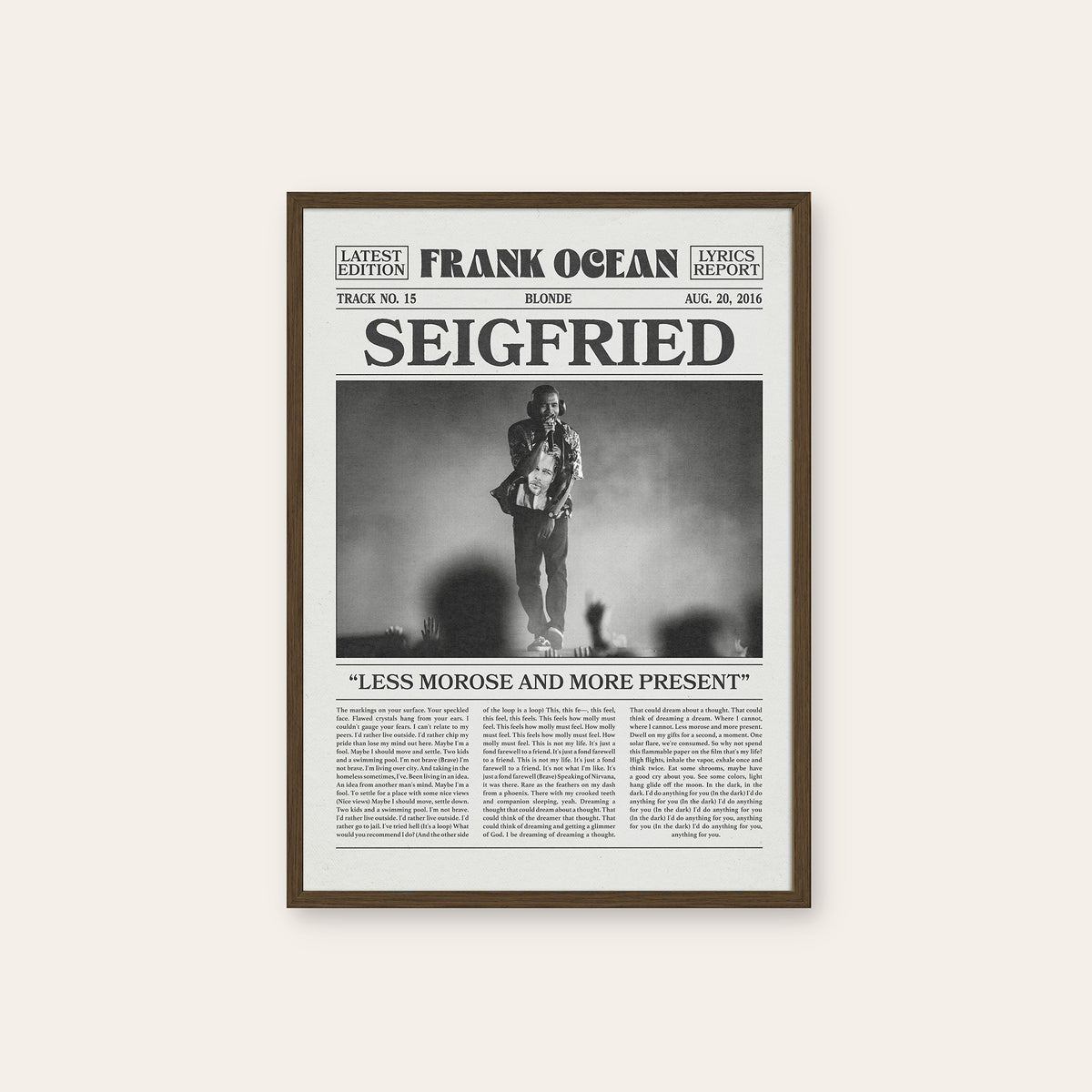 Frank Ocean Seigfried newspaper poster — dark wood frame