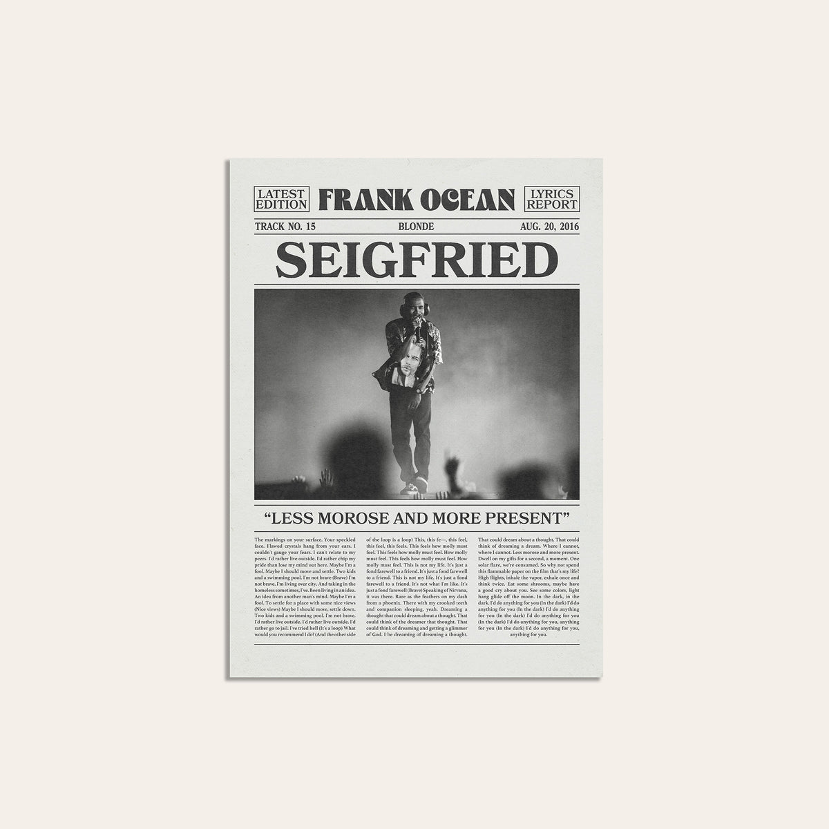 Frank Ocean Seigfried newspaper poster — unframed print