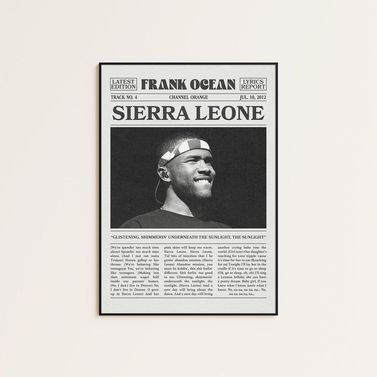 Frank Ocean Sierra Leone newspaper poster — black frame display
