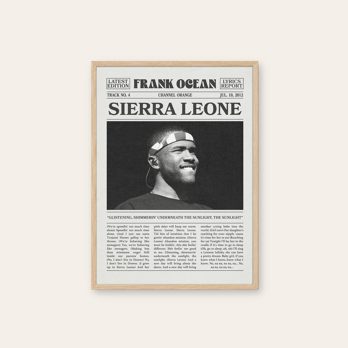 Frank Ocean Sierra Leone newspaper poster — natural wood frame