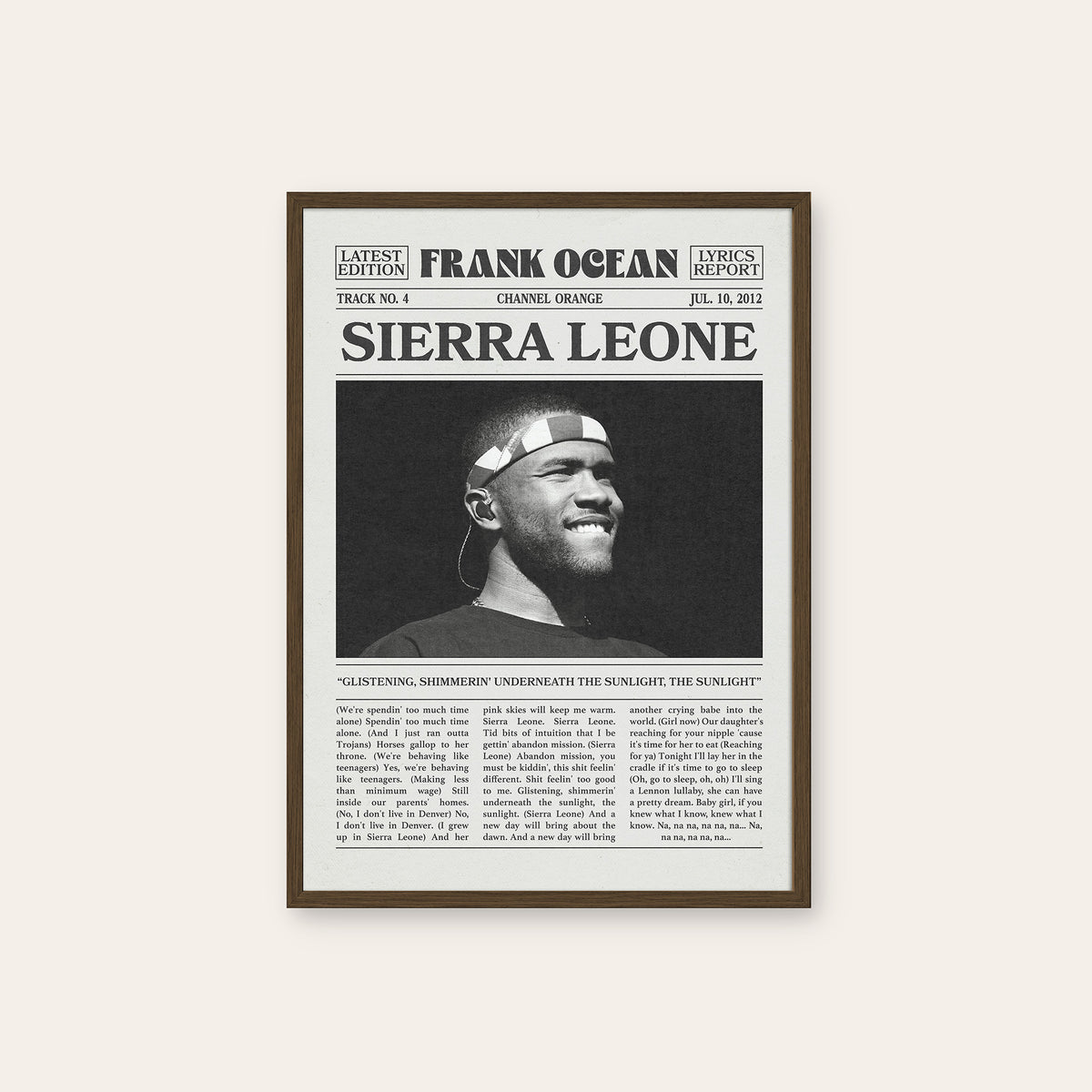 Frank Ocean Sierra Leone newspaper poster — dark wood frame
