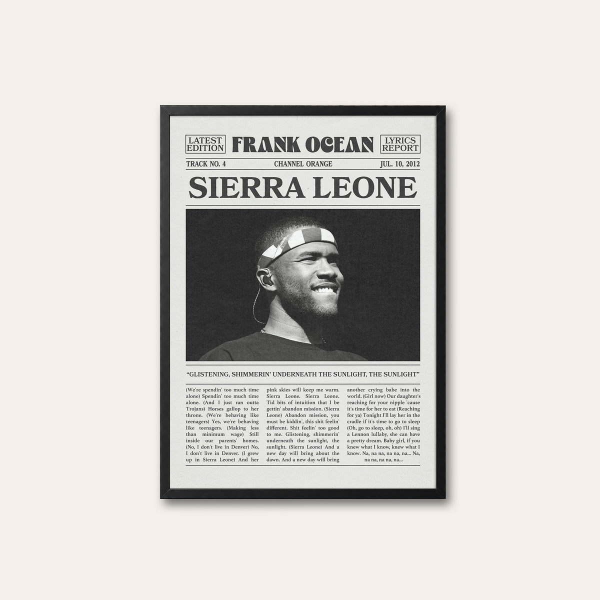 Frank Ocean Sierra Leone newspaper poster — black frame