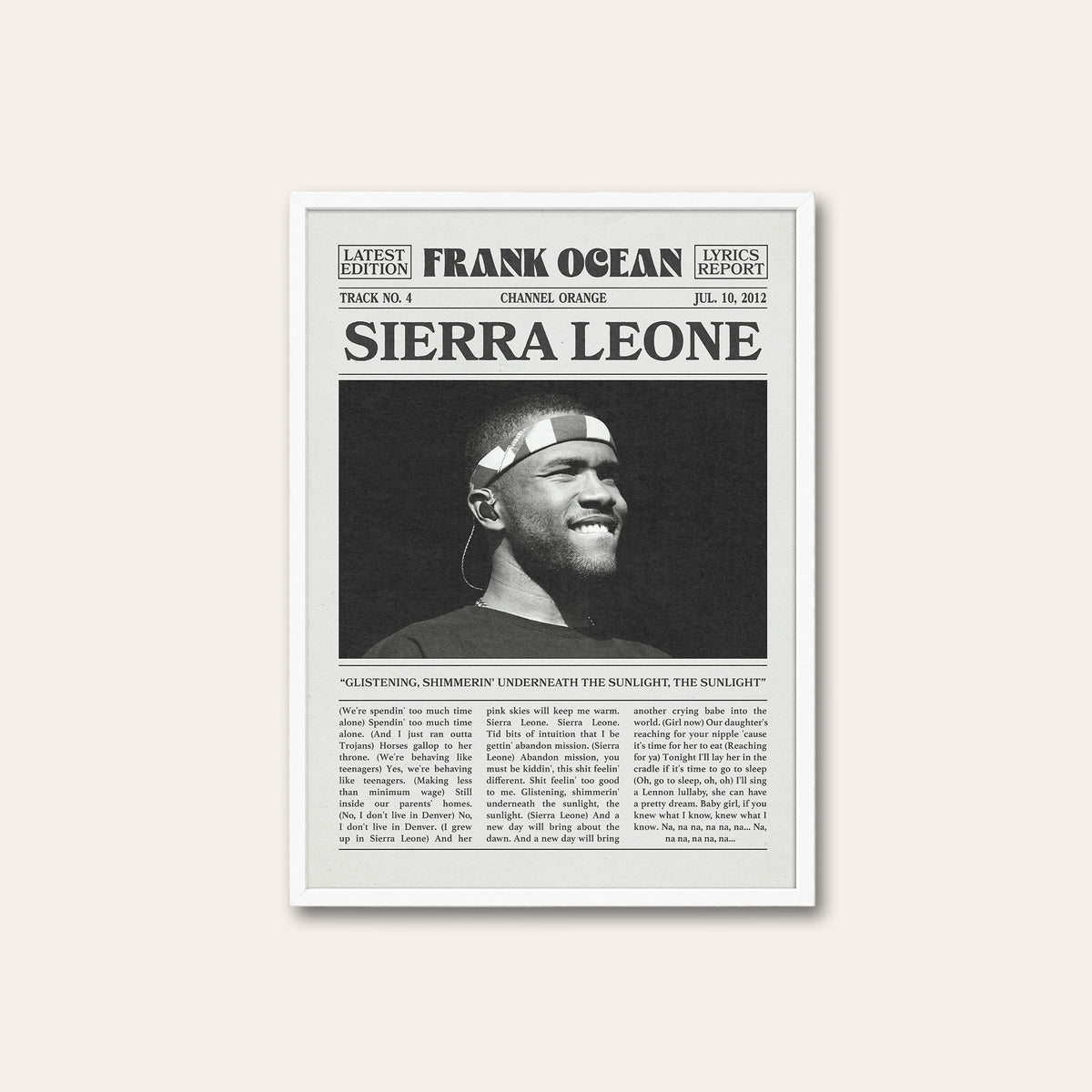 Frank Ocean Sierra Leone newspaper poster — white frame