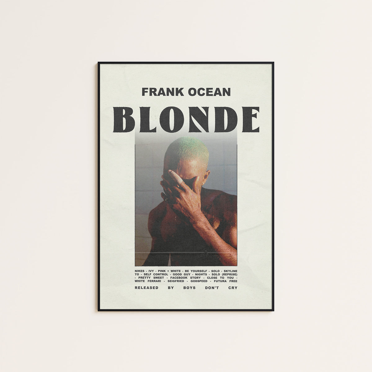 Frank Ocean Blonde Cover Portrait Edition album poster — black frame display