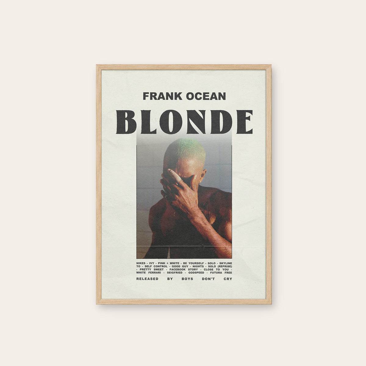 Frank Ocean Blonde Cover Portrait Edition album poster — natural wood frame