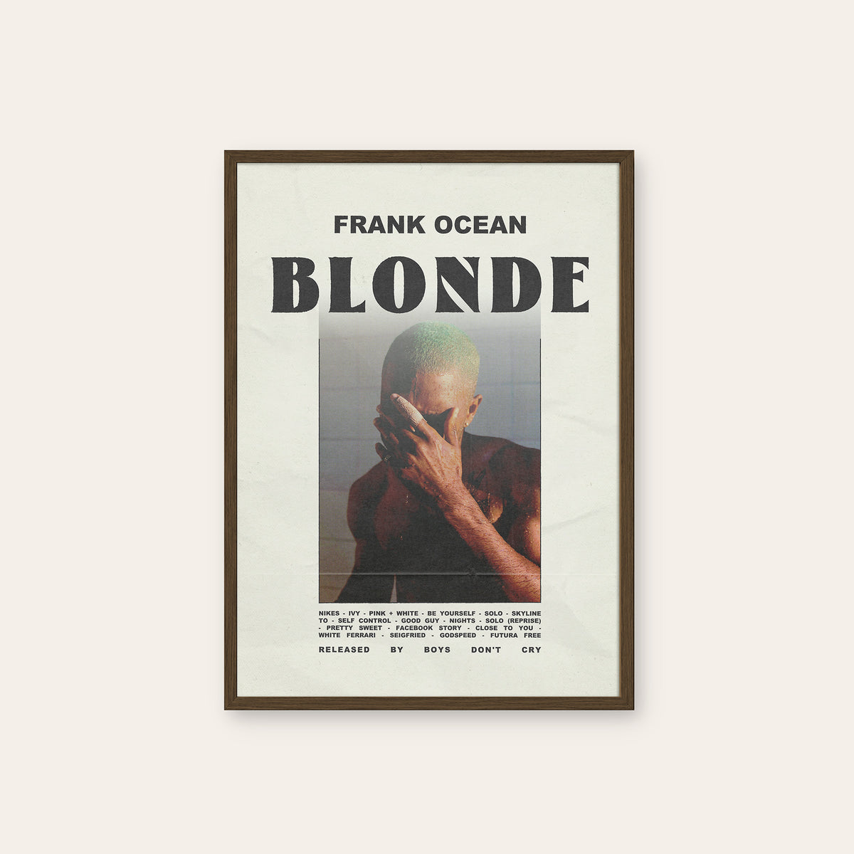 Frank Ocean Blonde Cover Portrait Edition album poster — dark wood frame