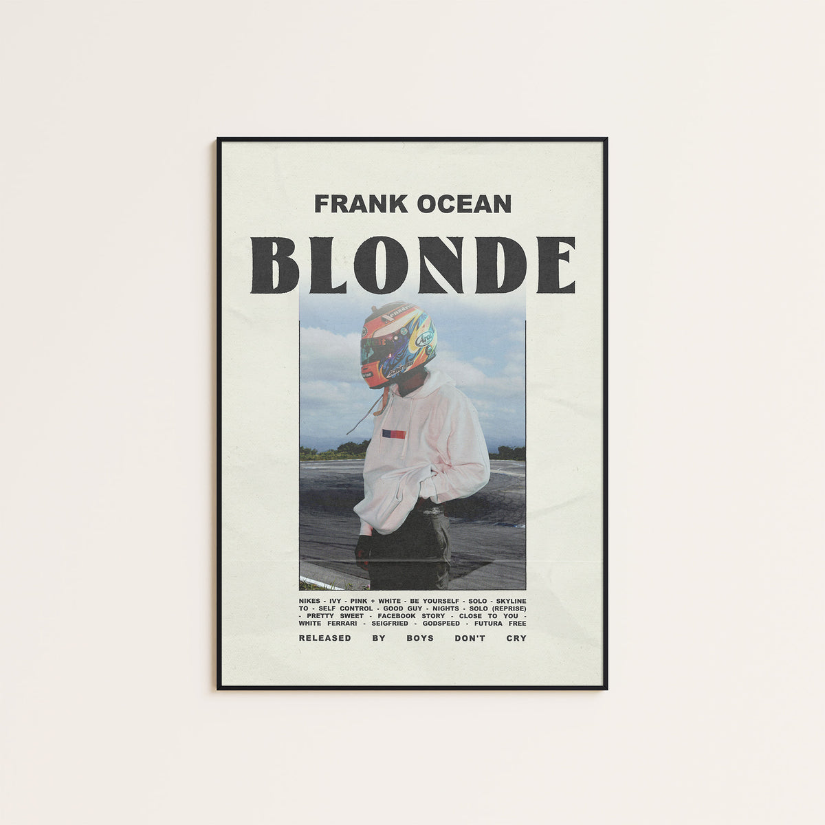 Frank Ocean Blonde Racing Helmet Edition album poster — black frame display