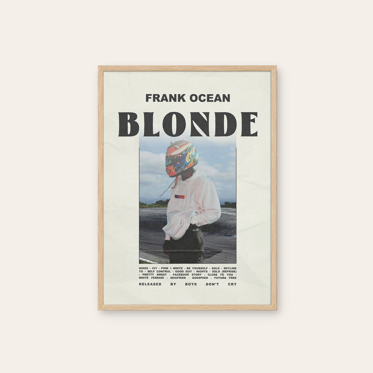 Frank Ocean Blonde Racing Helmet Edition album poster — natural wood frame