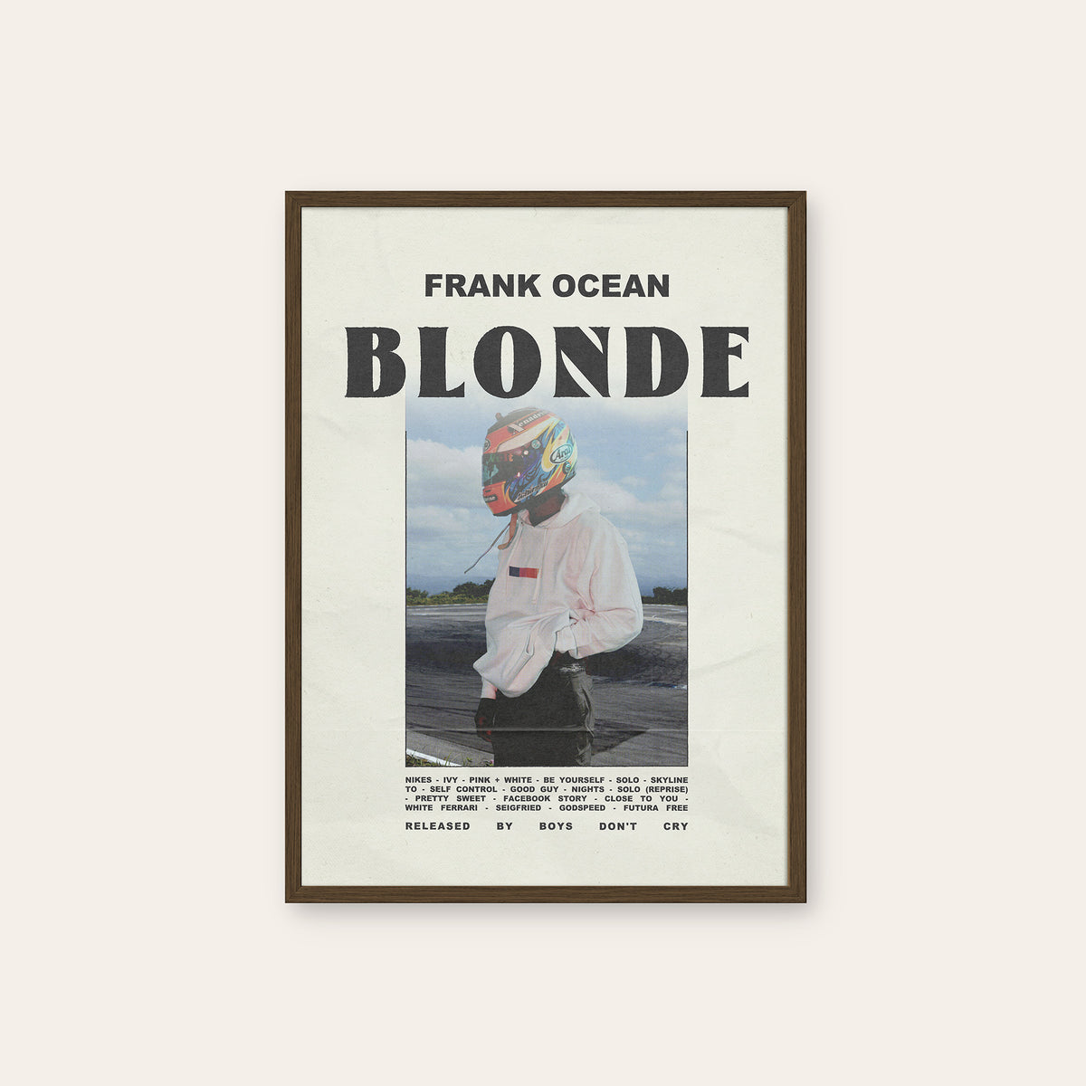Frank Ocean Blonde Racing Helmet Edition album poster — dark wood frame