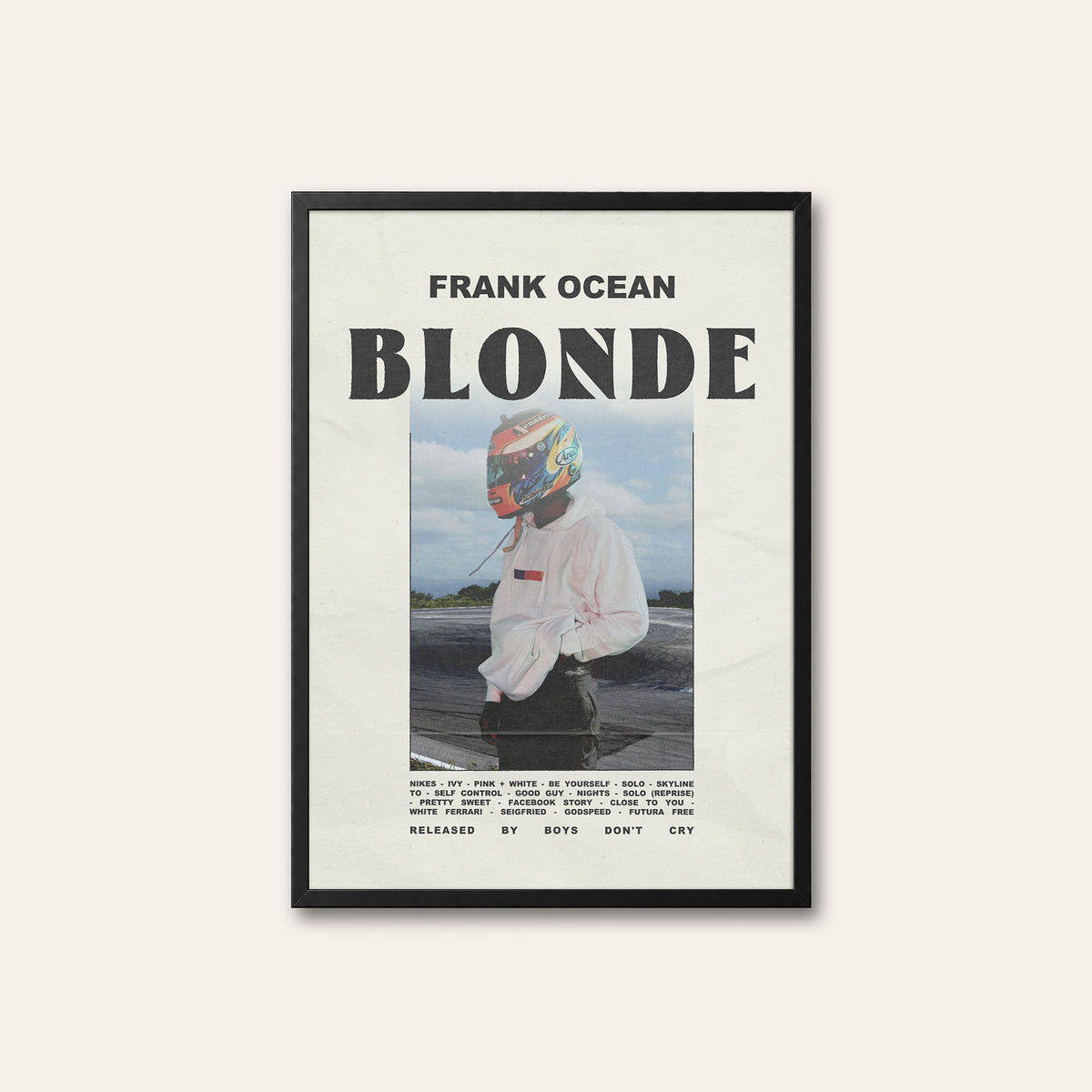 Frank Ocean Blonde Racing Helmet Edition album poster — black frame