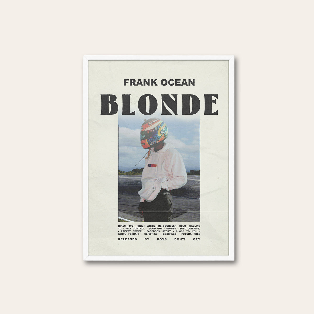 Frank Ocean Blonde Racing Helmet Edition album poster — white frame
