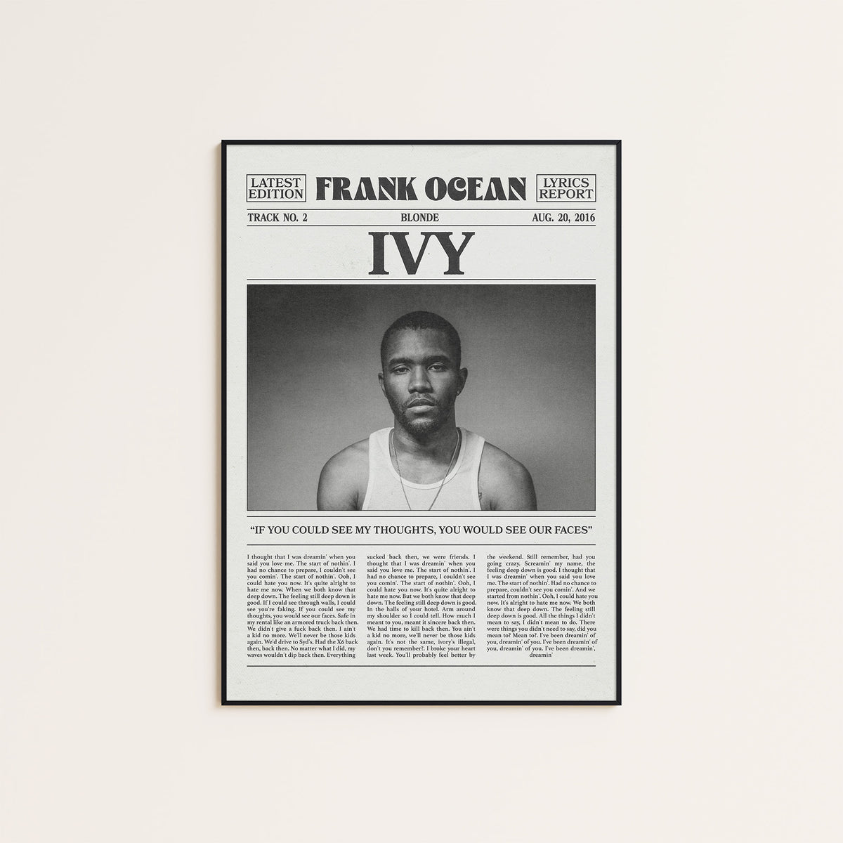 Frank Ocean Ivy newspaper poster — black frame display