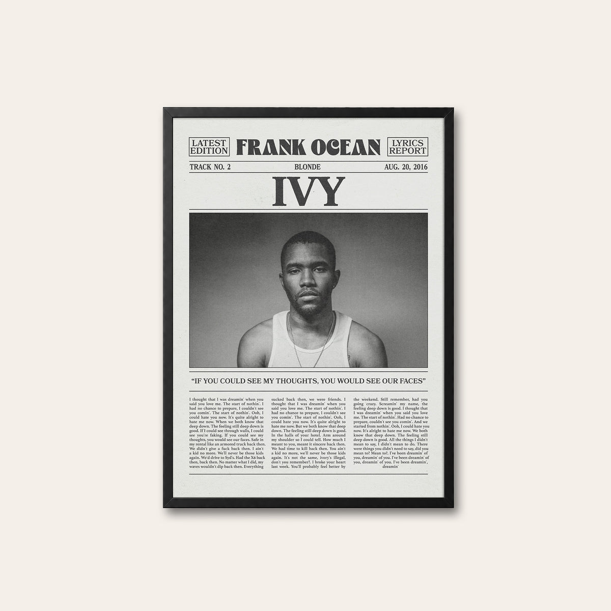 Frank Ocean Ivy newspaper poster — black frame