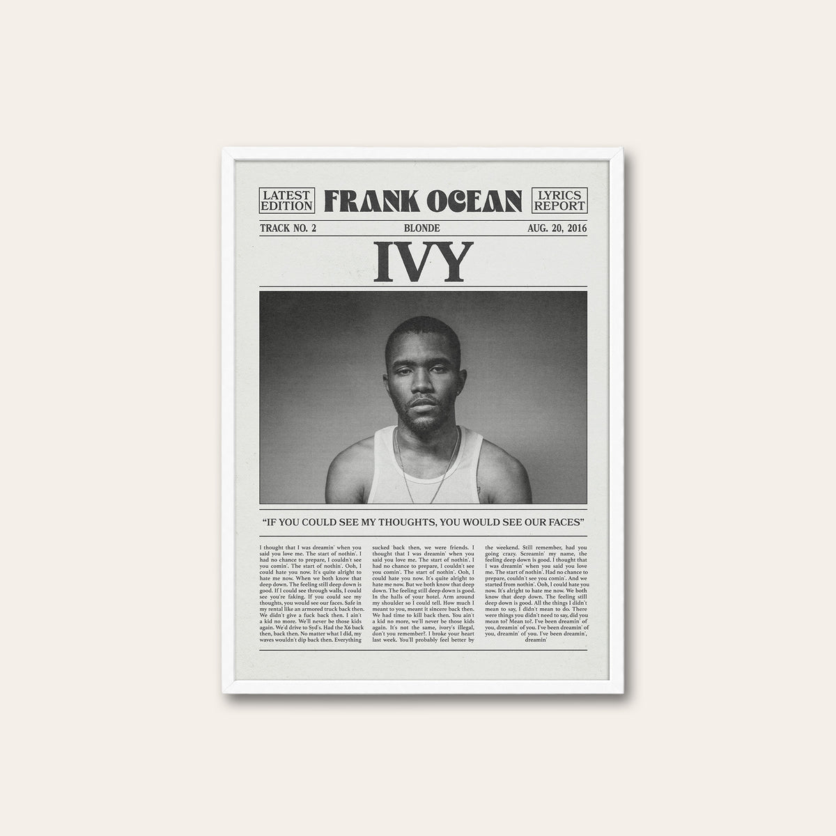 Frank Ocean Ivy newspaper poster — white frame