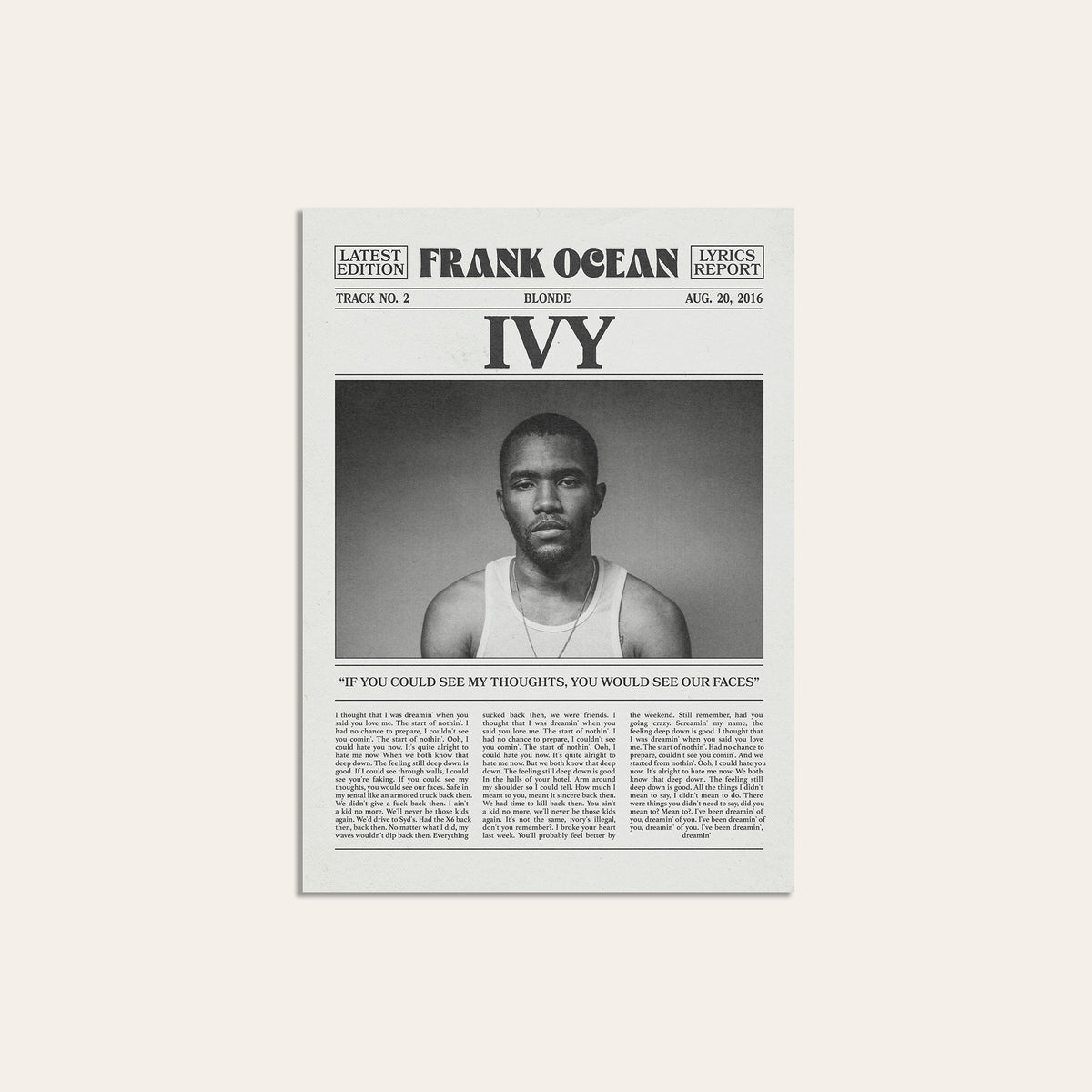 Frank Ocean Ivy newspaper poster — unframed print