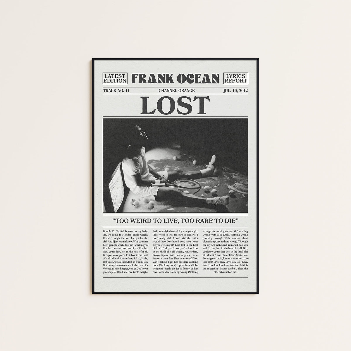 Frank Ocean Lost newspaper poster — black frame display
