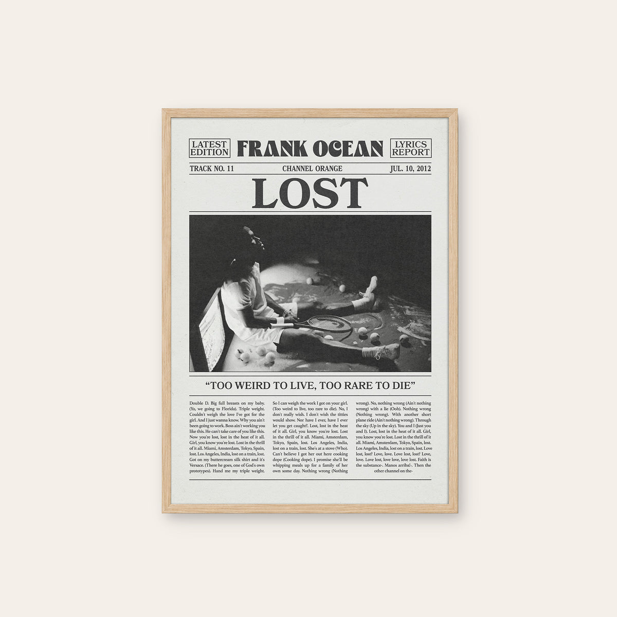 Frank Ocean Lost newspaper poster — natural wood frame