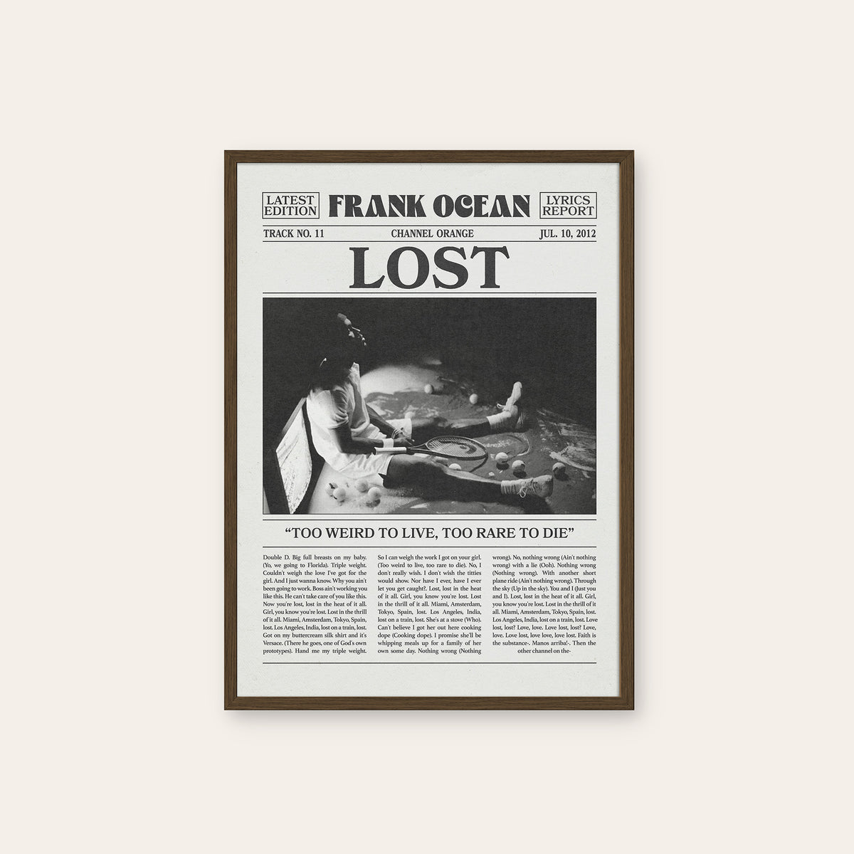 Frank Ocean Lost newspaper poster — dark wood frame