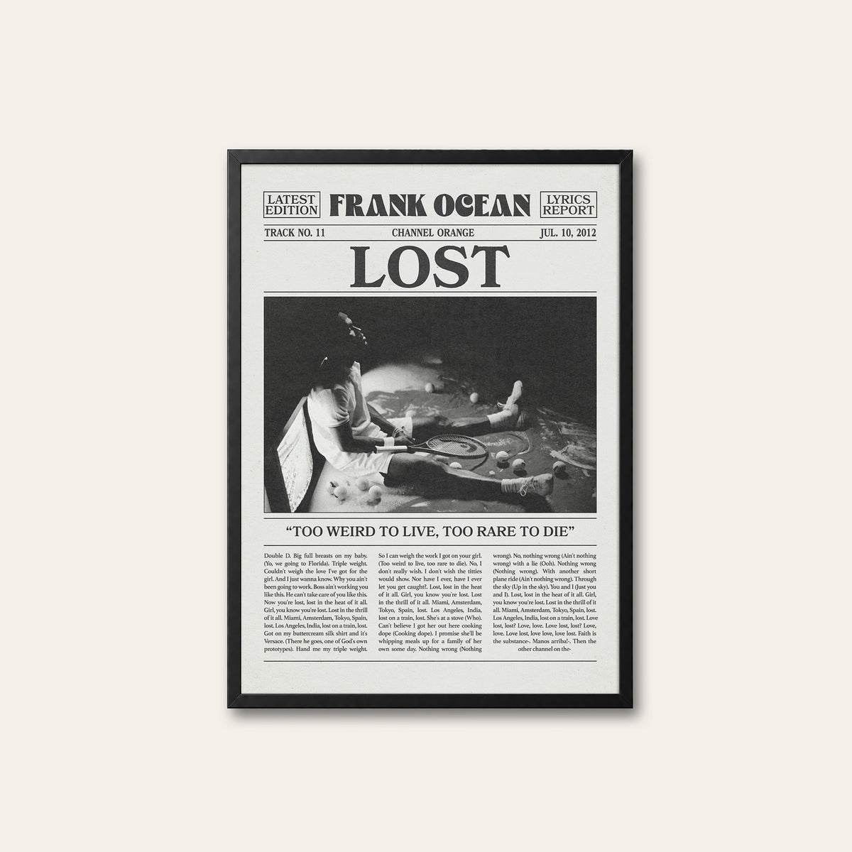 Frank Ocean Lost newspaper poster — black frame
