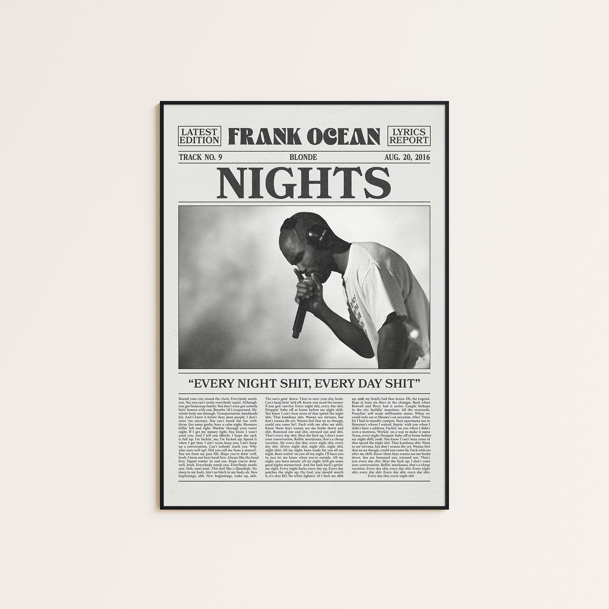 Frank Ocean Nights newspaper poster — black frame display